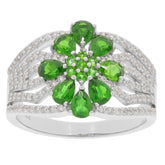 Pear Green Chrome Diopside sterling silver ring with accent stones, featuring a floral design and vibrant green gemstones.